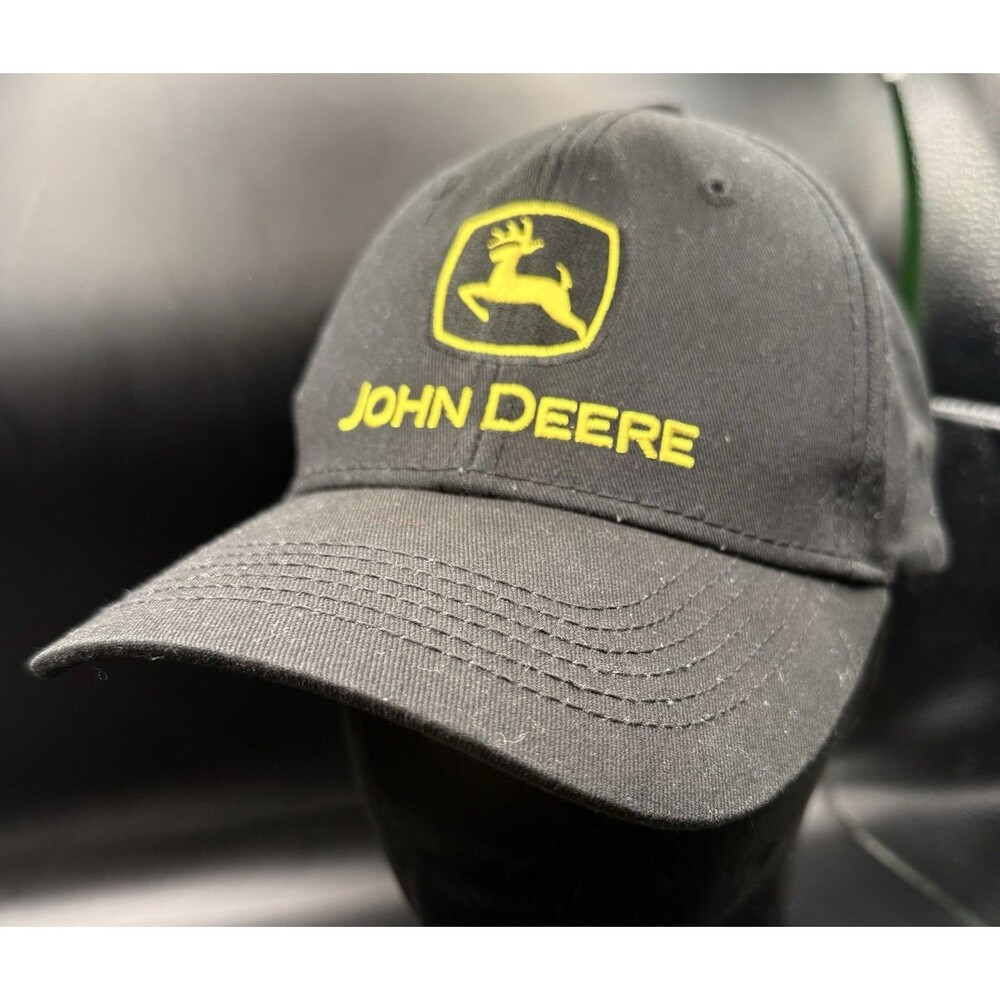 John Deere Black Baseball Hat Adjustable Strapback 100% Cotton Logo Embroidered